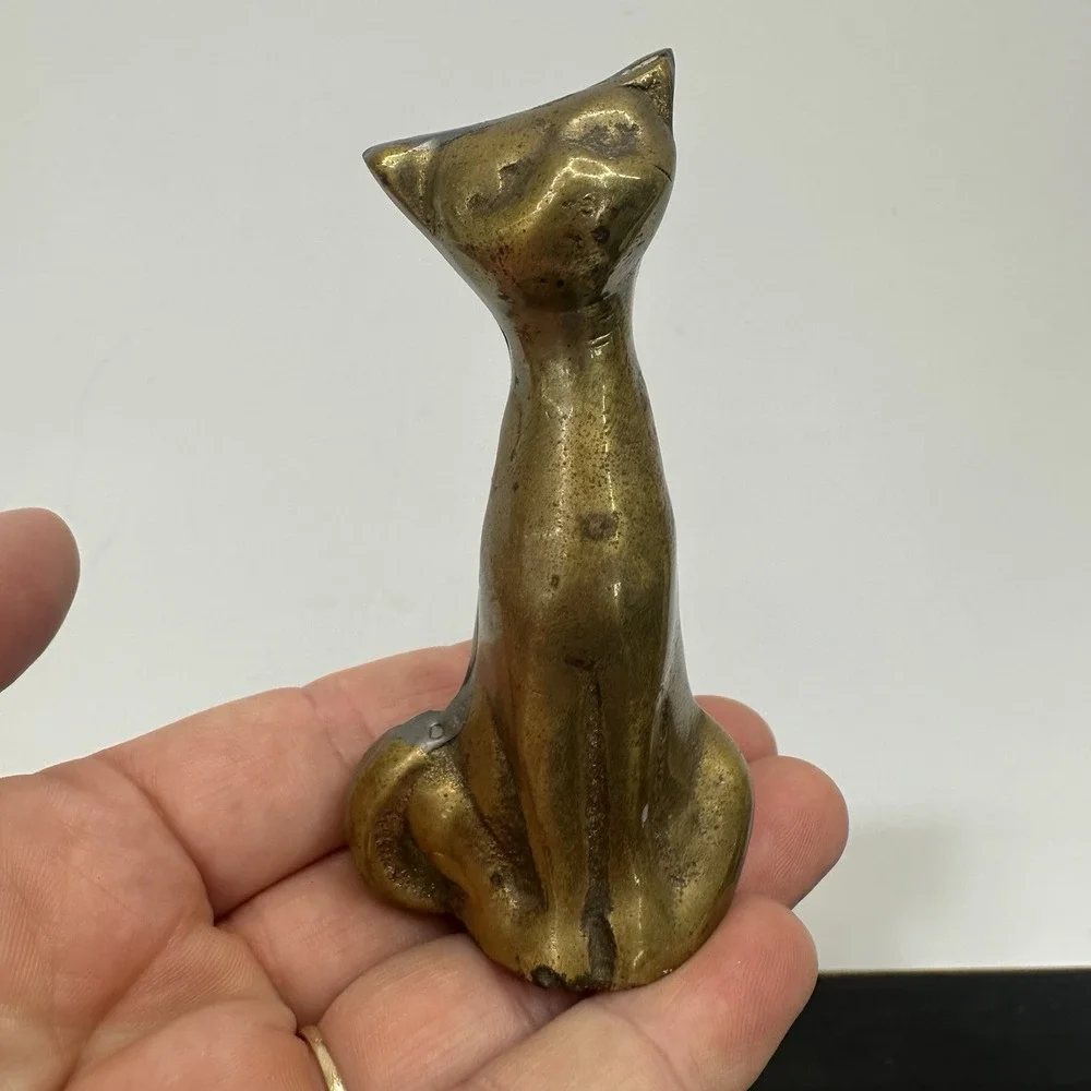 Vintage Cat cast Iron brass Tone Gold Colored Painted figurine Statue 3.5